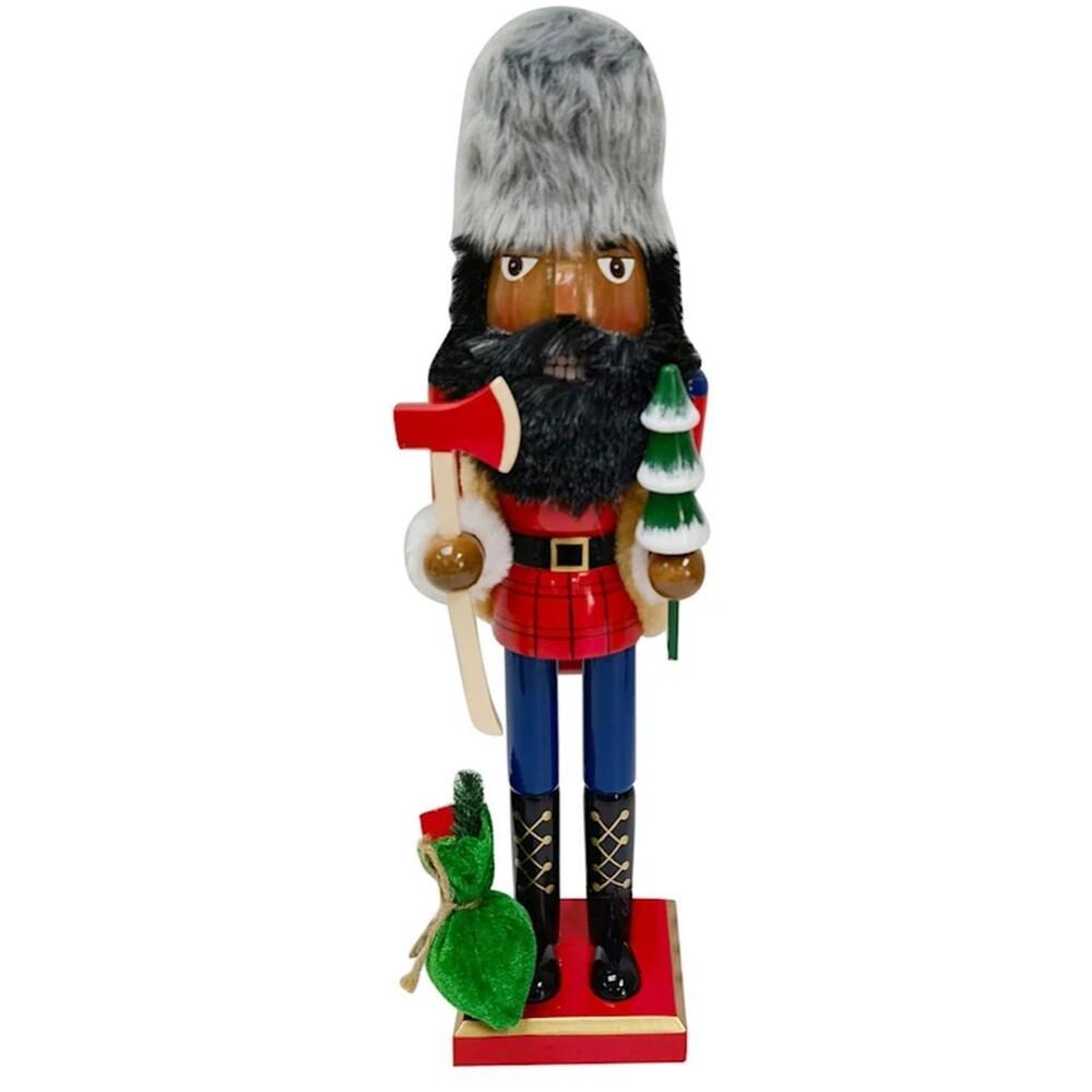 Wooden Christmas Nutcracker,15",AFRICAN AMERICAN LUMBERJACK W/AXE &GREEN BAG,ATH